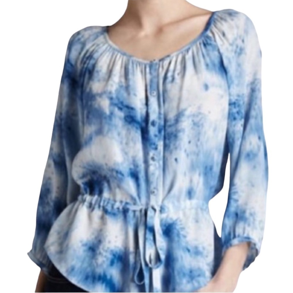 Rebecca Taylor Blue Tie Dye Belted Waist 3/4 Sleeve 100% Silk Peasant Blouse 2